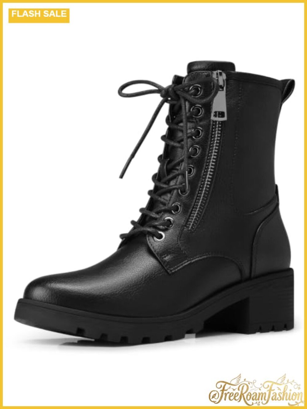 Women's Combat Ankle Boots Low Heel PU Lace Up Zip Comfort Booties